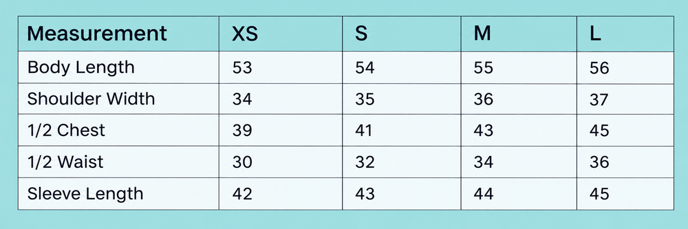 Garment measurements in centimetres