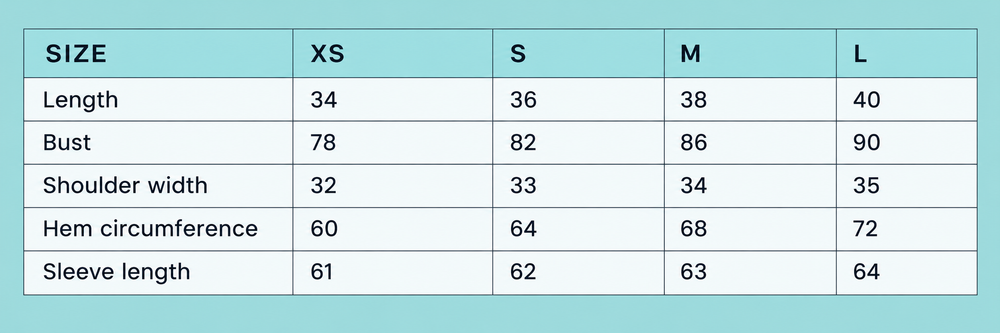 Garment measurements in centimetres