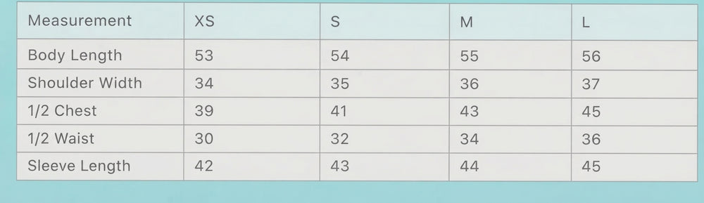 Garment measurements in centimetres